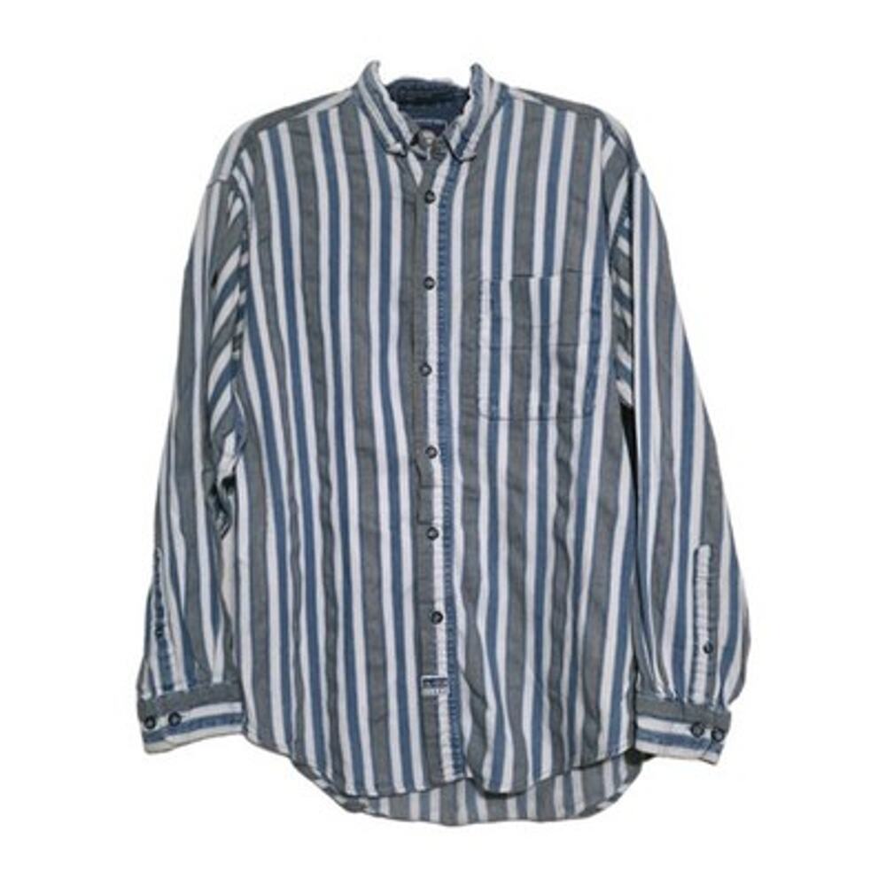 Vintage Striped Denim Button Down Top Mens L Blue Gray Hip Hop 90s Streetwear
